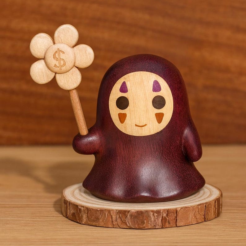 Op de afbeelding: Een houten beeldje van een personage met een rond gezicht en een donkerpaars lichaam, met een bloem met een dollarteken. Het beeldje staat op een kleine houten schijfbasis. Het personage heeft een lachend gezicht met oranje en paarse accenten.