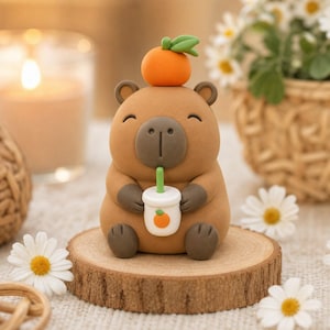 Handmade Clay Capybara With Orange Fruit Cute Desk Decor Gift