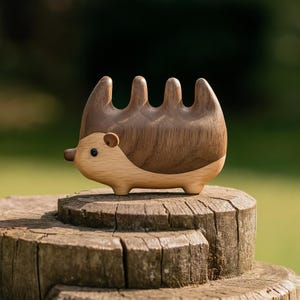 May include: A handcrafted wooden hedgehog figurine with a light brown body and darker brown quills. The hedgehog has a small, rounded nose and a tiny ear. It is perched on a weathered wooden post, with a blurred green background.