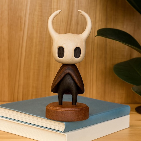 Figura de Hollow Knight hecha a mano en nogal: preciosa escultura de escritorio de madera de Hollow Knight. Regalos coleccionables de madera natural. Un regalo para él.