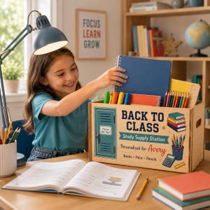 Könnte beinhalten: Eine hölzerne Aufbewahrungskiste mit der Aufschrift BACK TO CLASS Study Supply Station Personalized for Avery, verziert mit Abbildungen eines Spinds, Büchern, Stiften und einem Taschenrechner. Die Kiste enthält Hefte und Buntstifte.