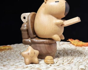 Funny Wooden Capybara Toilet Figurine – Handmade Animal Desk Decor, Cute Bathroom Shelf Ornament, Unique Gift for Capybara Lovers