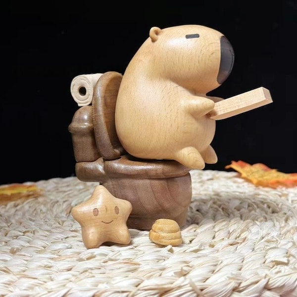 Funny Wooden Capybara Toilet Figurine – Handmade Animal Desk Decor, Cute Bathroom Shelf Ornament, Unique Gift for Capybara Lovers