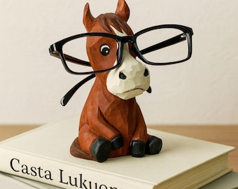 Horse Wood Carving Ornament Eyeglass Holder Stand–Handcrafted Wooden Animal Figurine Decoration for Home,Office, Mother's day Gift