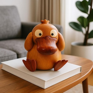 以下が含まれることがあります： 大きな暗い茶色のくちばし、明るい茶色の体、大きな丸い目を持つ、漫画のアヒルのような生き物の木彫り。彫刻は、木製のテーブルの上の白い本の上に座っています。装飾品です。