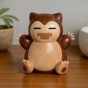 May include: A wooden figurine of a cartoon character with a smiling face, closed eyes, and outstretched arms. The figure is primarily light brown with darker brown accents, and is sitting down. The figurine is made of wood.