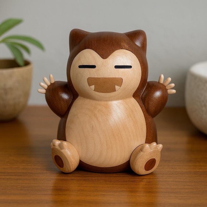 May include: A wooden figurine of a cartoon character with a smiling face, closed eyes, and outstretched arms. The figure is primarily light brown with darker brown accents, and is sitting down. The figurine is made of wood.