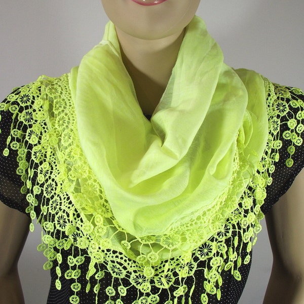 Shawl Scarf....Lime Green Lace scarf....pashmina scarf....lightweight cotton scarf...Lace Edge Scarf