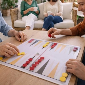 Puede incluir: Un juego de mesa de backgammon con fichas rojas y amarillas está colocado sobre una mesa de madera. Dos personas están jugando, mientras que otras dos están sentadas en un sofá en el fondo. El juego está en curso.