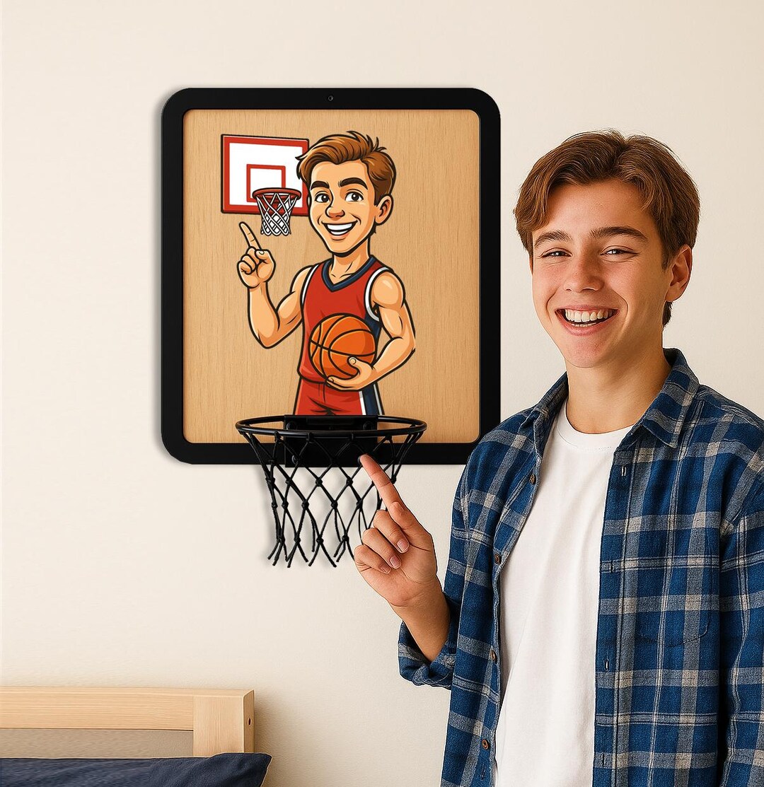 Personalized Cartoon Basketball Hoop: Custom Photo Beech Wood Wall ...