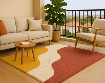 Modern golvend abstract vloerkleed | Modern kleurblok vloerkleed uit het midden van de eeuw voor woonkamer en slaapkamer | Terracotta, mosterdgeel en crème getuft vloerkleed