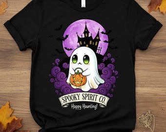 Cute Ghost Halloween Shirt | Spooky Spirit Co. Happy Haunting Tee | Kawaii Pumpkin Lantern T-Shirt | Haunted House Spooktacular Gift