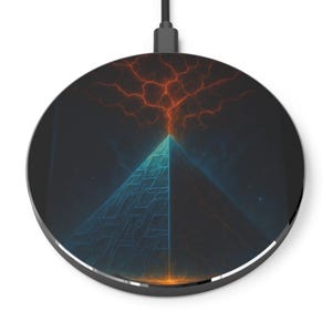 May include: A circular black wireless charger with a digital design. The charger has a blue pyramid with a network pattern, topped with orange lightning against a dark backdrop. A black cable extends from the top.