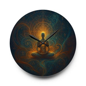 Relógio de parede meditativo em acrílico - Decoração espiritual para casa, relógio zen para amantes de ioga, presente para mindfulness, arte de parede boho, decoração de chakras