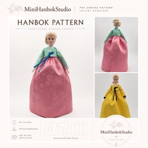 Puede incluir: Una muñeca con un Hanbok coreano tradicional, con una falda rosa y una parte superior verde claro. La imagen incluye el texto "HANBOK PATTERN" y "MiniHanbokStudio". Imágenes adicionales muestran el Hanbok en diferentes colores.