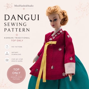 May include: A doll wearing a deep magenta dangui top with silver floral embroidery, light beige cuffs, and a long yellow ribbon tie. The image includes text: MiniHanbokStudio, DANGUI SEWING PATTERN, KOREAN TRADITIONAL TOP ONLY, PDF PATTERN, INSTANT DOWNLOAD, STEP-BY-STEP PHOTO GUIDE.