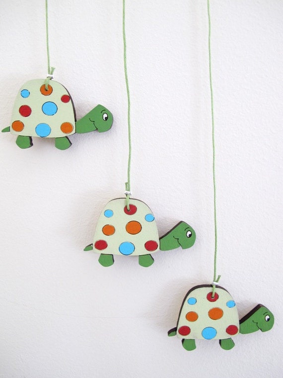 Items similar to Nursery Mobile Turtles mobile decor,wooden green turtles wall art colorful