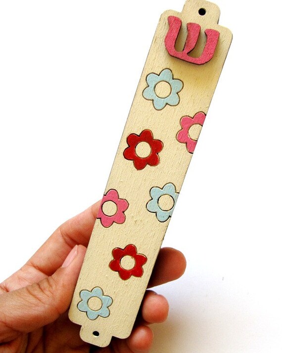 Items similar to Kids mezuzah flowers pink, aqua and red mezuzah for a