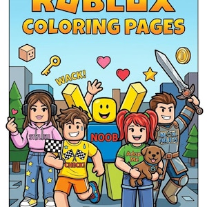Pode incluir: Capa colorida de um livro de colorir infantil com o título "ROBLOX COLORING PAGES". A imagem apresenta personagens de desenhos animados, corações, estrelas e uma espada. Os personagens usam várias roupas e seguram objetos.
