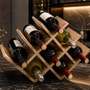 Puede incluir: Un botellero de madera que contiene varias botellas de vino tinto y blanco. El botellero es de madera clara y tiene un diseño geométrico. Las botellas de vino están dispuestas en un patrón escalonado, con algunas botellas en posición vertical y otras en ángulo.