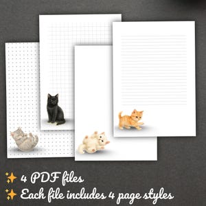 Printable Writing Paper with Cute Cats, Lined, Grid, Dotted, Blank Pages | Digital Stationery, Kawaii Letter Paper, note paper