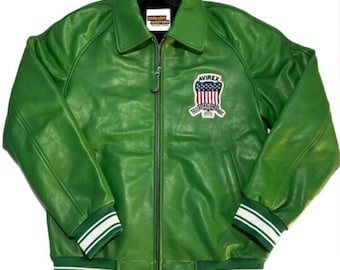 Buy Men's Green Avirex Leather bomber Jacket for Men Retro USA Flag Jacket