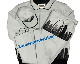Conjunto de chándal de cuero blanco para hombre con chaqueta y pantalón con estampado de horizonte urbano. Estilo urbano.