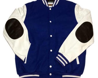 Men's Wool Blend Varsity Jacket Genuine Leather Sleeves Lightweight Bomber