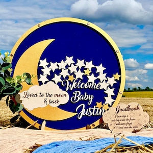 Moon and stars baby shower guest book alternative, Star round  guest book, Baby birthday  sign
