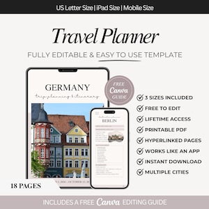 Könnte beinhalten: Digitales Reiseplaner-Template mit dem Text "Travel Planner" und "Germany trip planning & itinerary". Enthält einen kostenlosen Canva-Bearbeitungsleitfaden. Enthält 3 Größen, kostenlose Bearbeitung, lebenslangen Zugriff, druckbares PDF und sofortigen Download.