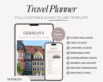 Planificador de viajes de Alemania: plantilla de itinerario, guía de viaje editable en PDF, planificador de vacaciones de Canva