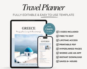 Modèle d'itinéraire de planificateur de voyage en Grèce Guide de voyage PDF modifiable Planificateur de vacances Canva