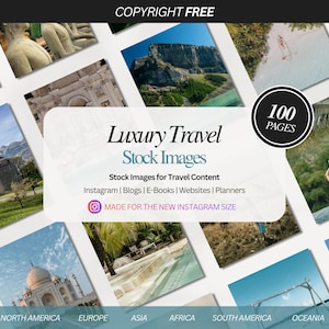 May include: A digital collection of 100 pages of luxury travel stock images featuring diverse global landscapes, architecture, and leisure scenes. The central text reads Luxury Travel Stock Images, 100 PAGES, and Made for the new Instagram size.