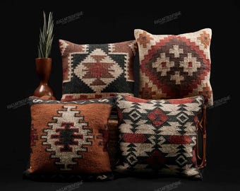 Handmade Wool Kilim Pillow Cover, Vintage Cushion Cover, Turkish Cushion Cover 4 Set Of 18x18 Inches Ethnic Pillowcase Jute Pillow cover