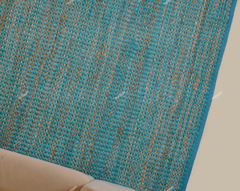 Tappeto in juta turchese tessuto a mano, tappeto boho in cotone e juta a tessitura piatta, tappeto ecologico per soggiorno, tappeto moderno e minimalista per l'arredamento della casa.