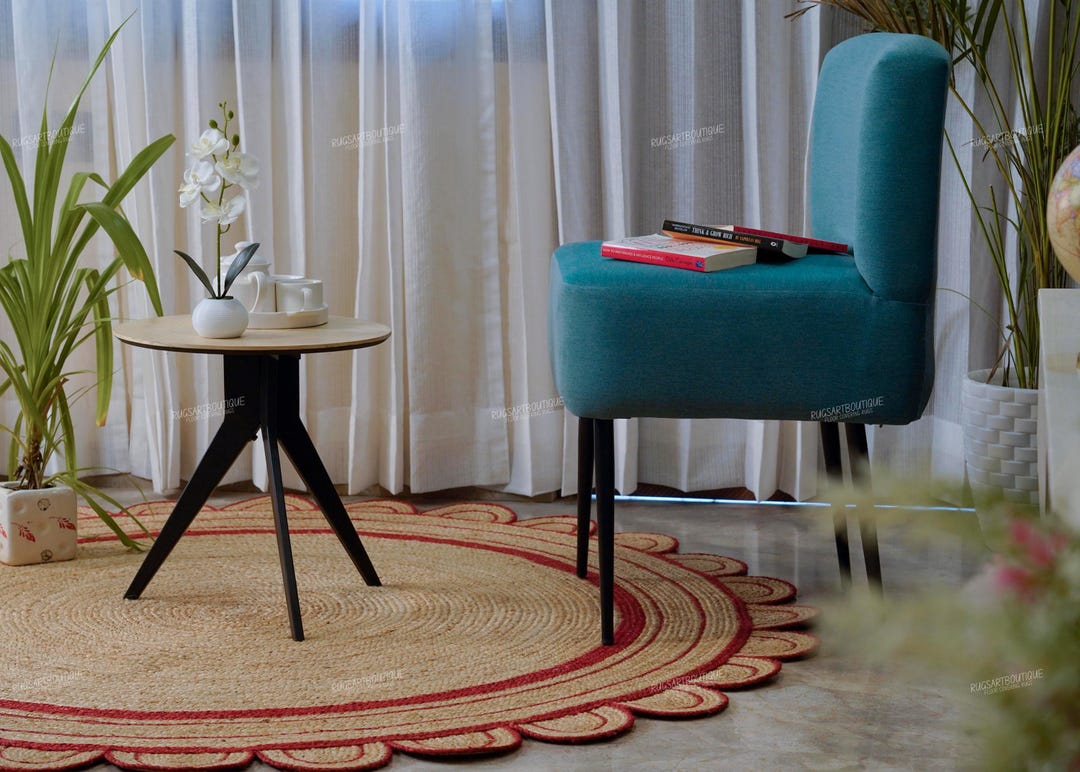 Round Jute Rug Red Scalloped Jute Rug Red Border Handmade Natural Jute Area Rug | Boho ...