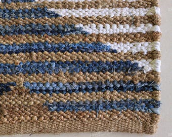 Tapete passadeira de juta e cânhamo tecido à mão, listrado em azul e branco, em fibra natural, tapete plano para corredor ou cozinha, decoração boho para casa nova, Dia dos Namorados.