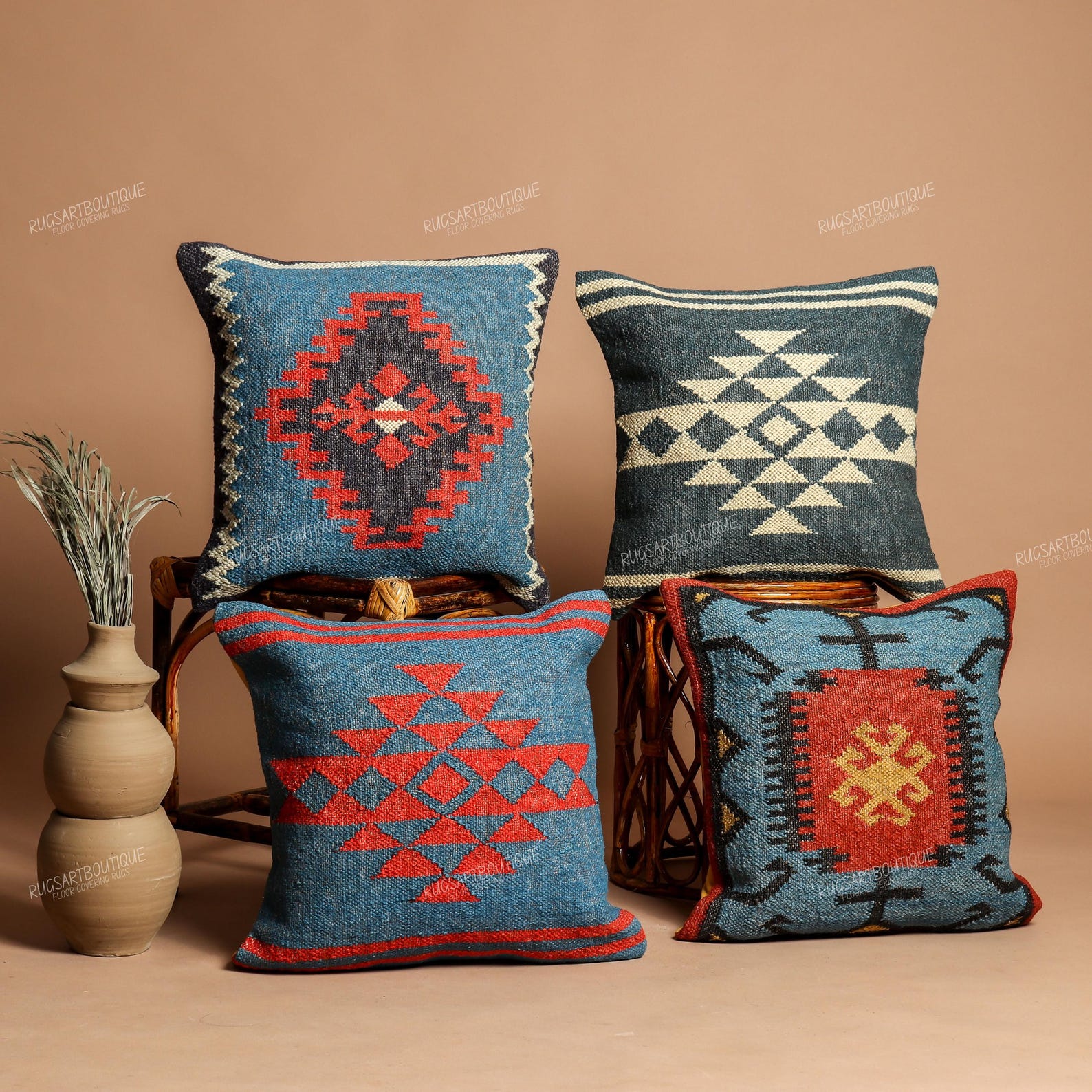 Set of 4Handwoven Kilim Cushion Cover | Tribal Geometric Pillow | Boho Southwestern Decor | Blue & Red Wool Pillow
