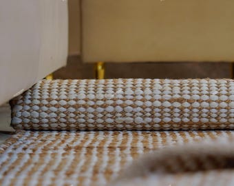 Natural Jute Area Rug with White Pattern, Handwoven Boho Rug, Eco Friendly Farmhouse Living Room Carpet, Modern Neutral Home Décor
