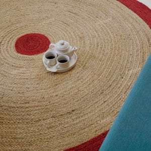Handmade Round Jute Rug: Beige with Red Border, Rustic Home Décor