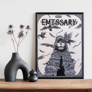 The Emissary Gothic Crow Art Print – Dark Fantasy Illustration, Raven Witch Wall Art, Mystical Hooded Figure Poster, Witchcore Decor
