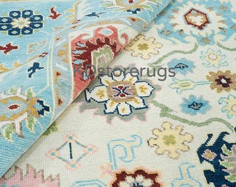 Handmade Wool Oushak Rug | Sea Blue Border, Floral Design