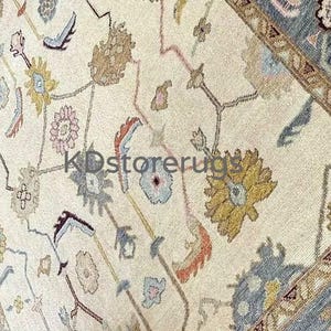 Traditional Oushak Rug | Hand Knotted Wool Area Rug | Beige Blue Floral Carpet | Vintage Turkish Rug | Oriental Boho Home Decor