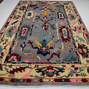 Modern Oushak Rug 6x9 8x10 9x12 | Hand Knotted Floral Wool Rug with Sea Blue Border, Olive & Blue Accents | Living Room Area Rug