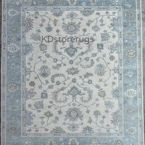 Blue Gray Oushak Rug | Hand-Knotted Wool Turkish Area Carpet | 5x7 Vintage Style | Neutral Soft Decor | Living Room Bedroom Rug