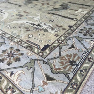 Green Oushak Rug | Hand Knotted Turkish Wool Carpet | 6x9 Olive Beige Neutral Distressed Area Rug | Vintage Boho Farmhouse Decor