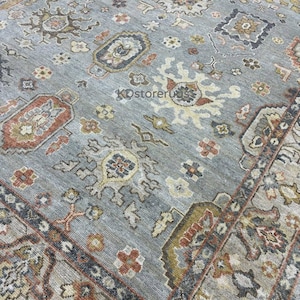 Oushak Rug Handmade | Gray Blue Turkish Wool Rug | Vintage Style Oriental Carpet | Floral Area Rug | Boho Farmhouse Home Decor