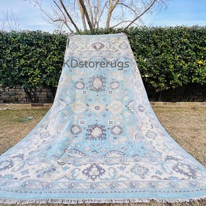 Blue Oushak Rug | Handmade Turkish Wool Area Carpet | Vintage Distressed Look | 8x10 ft | Soft Gray Blue Decor | Boho Farmhouse Rug