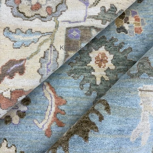 Blue Oushak Rug | Handmade Turkish Wool Area Carpet | Colorful Floral Vintage Style Rug | Boho Farmhouse Decor | Oriental Design