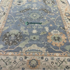 Hand-Knotted Oushak Rug 8x10 | Vintage Turkish Wool Area Rug | Blue Beige Oriental Carpet | Traditional Medallion Floor Decor